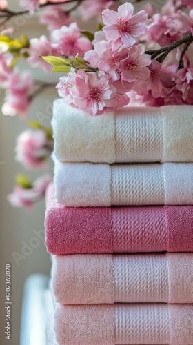Soft towels stacked neatly with delicate pink flowers arranged on top for a s...