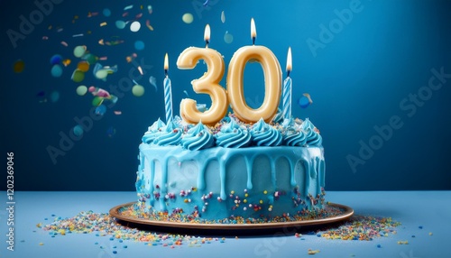 30th birthday cake with blue frosting colorful sprinkles and burning candles remoted on blue historical past
