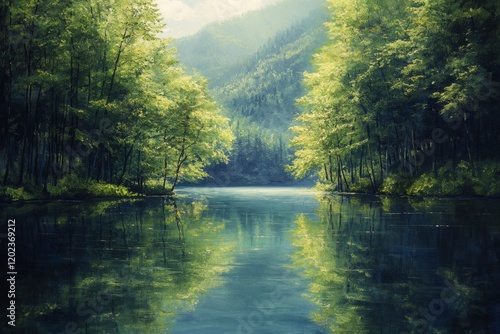 Calm river reflecting green trees and mountains in serene nature setting at s...