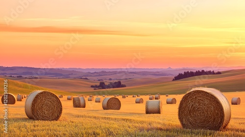 Wallpaper Mural Golden Hay Bales Across Rolling Hills at Sunset Torontodigital.ca