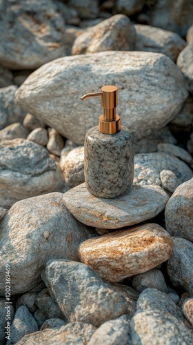 Elegant granite soap dispenser on stacks of smooth stones by a river bank in ...