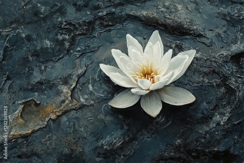 Water lily blooms beautifully on still water in a serene setting with muted t...