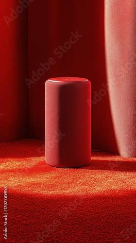 Bright red speaker placed on vibrant red carpet creating striking contrast an...