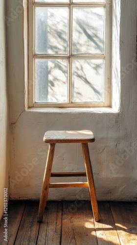 Cozy corner with a wooden stool and a potted plant near the window in soft su...