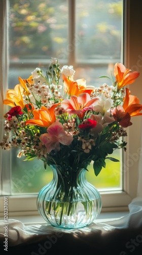 Bright bouquet of wildflowers in a glass vase by a sunlit window