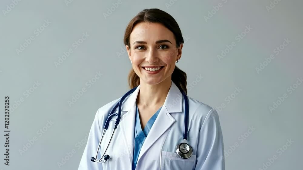 Confident female doctor smiling while engaging with the camera in a professional setting Confident female doctor smiling while engaging with the camera in a professional setting