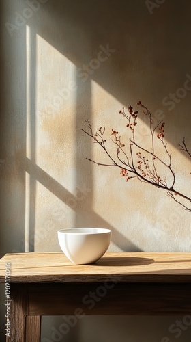 Warm cup of tea resting on a wooden table with soft sunlight filtering throug...
