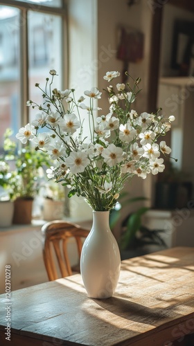 Beautiful white flowers in a vase brighten a cozy cafe setting during daytime