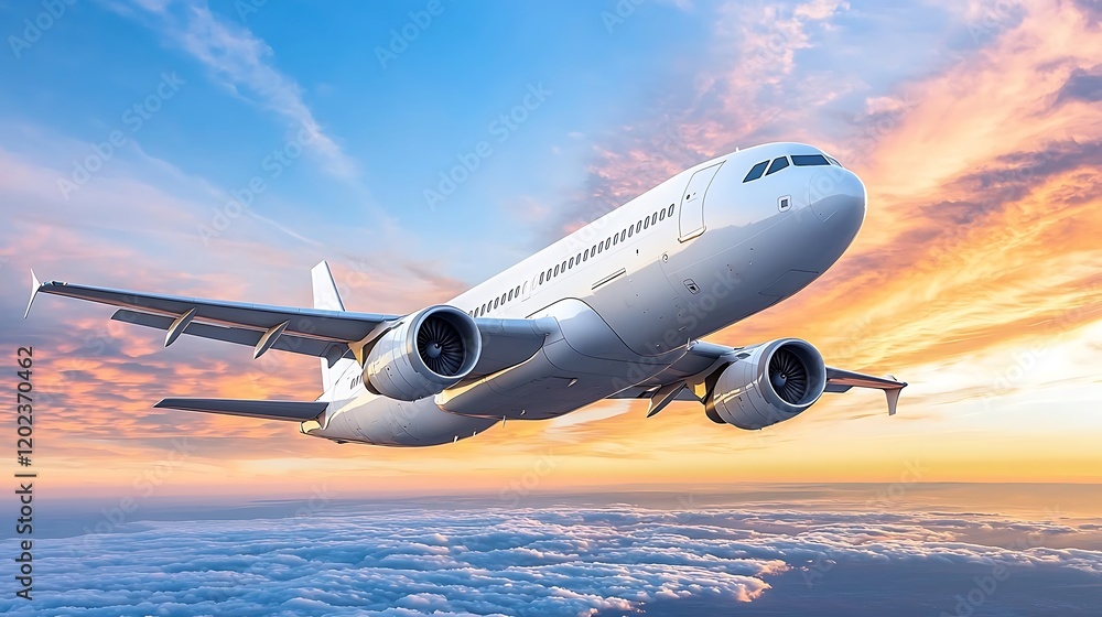 Airplane flying above clouds at sunset, travel