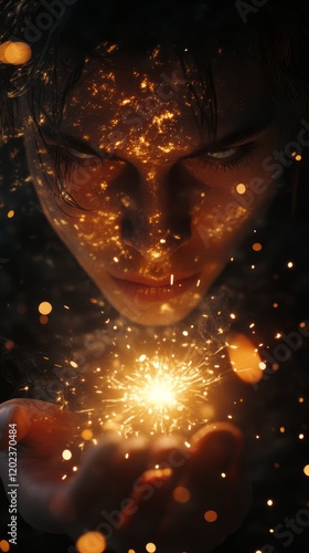 Intricate face adorned with sparkling lights in a darkened ambiance at night