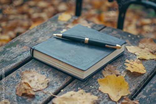 Brown notebook and pen resting on wooden table surrounded by colorful autumn ...