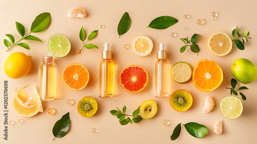 Skincare ampoules with vitamin C, different citrus fruits and leaves on beige background Skincare ampoules with vitamin C, different citrus fruits and leaves on beige background