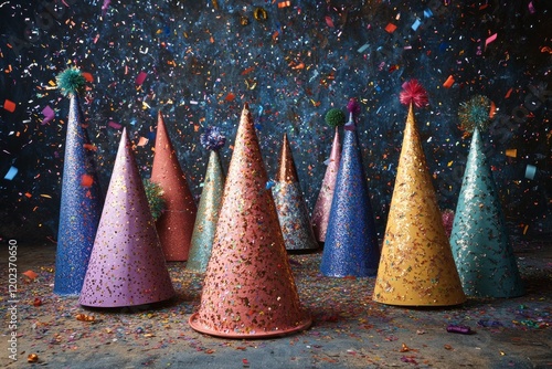 Colorful party hats in a festive atmosphere with confetti falling during cele...