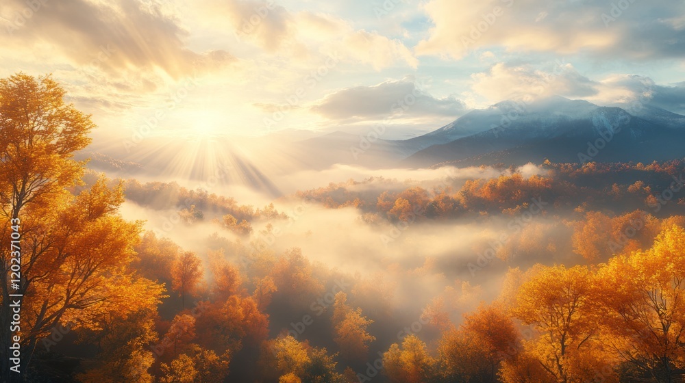 Obraz premium Autumnal Mountain Majesty: Sunbeams Dance Through Misty Forest
