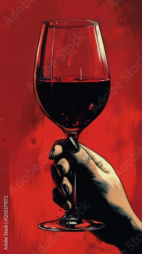 Hand holding a wine glass filled with red liquid against a dark background