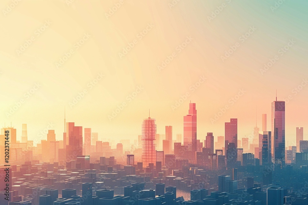 Fototapeta premium Serene sunset over a sprawling urban skyline, creating a tranquil atmosphere.