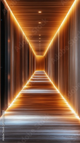 Modern hallway illuminated with warm lighting leading to an unknown destinati...