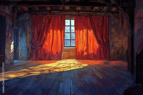 Red curtains parting to reveal a dimly lit stage in a theater setting during ...