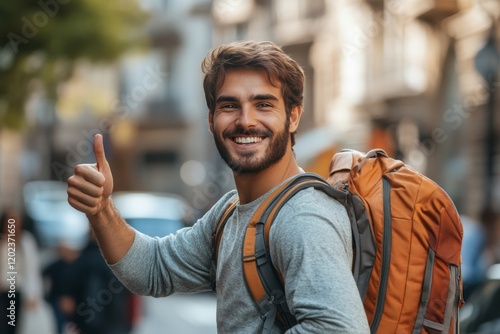 Young man with backpack giving thumbs up in urban environment during daytime