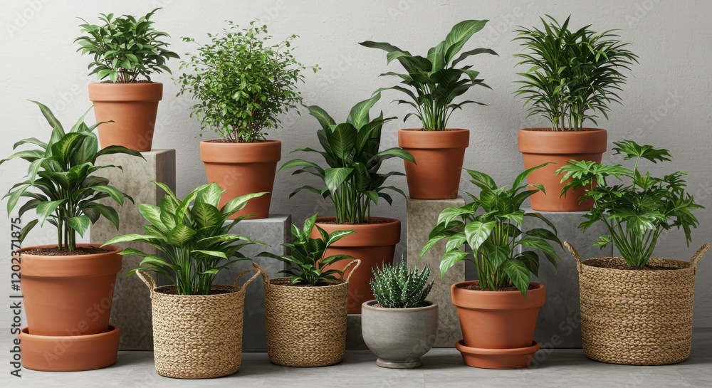 Collection of Potted Houseplants in Terra Cotta and Woven Baskets Collection of Potted Houseplants in Terra Cotta and Woven Baskets
