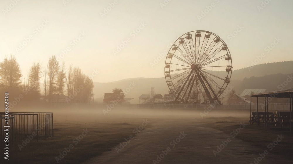 Foggy sunrise over an amusement park with a Ferris wheel. Foggy sunrise over an amusement park with a Ferris wheel.