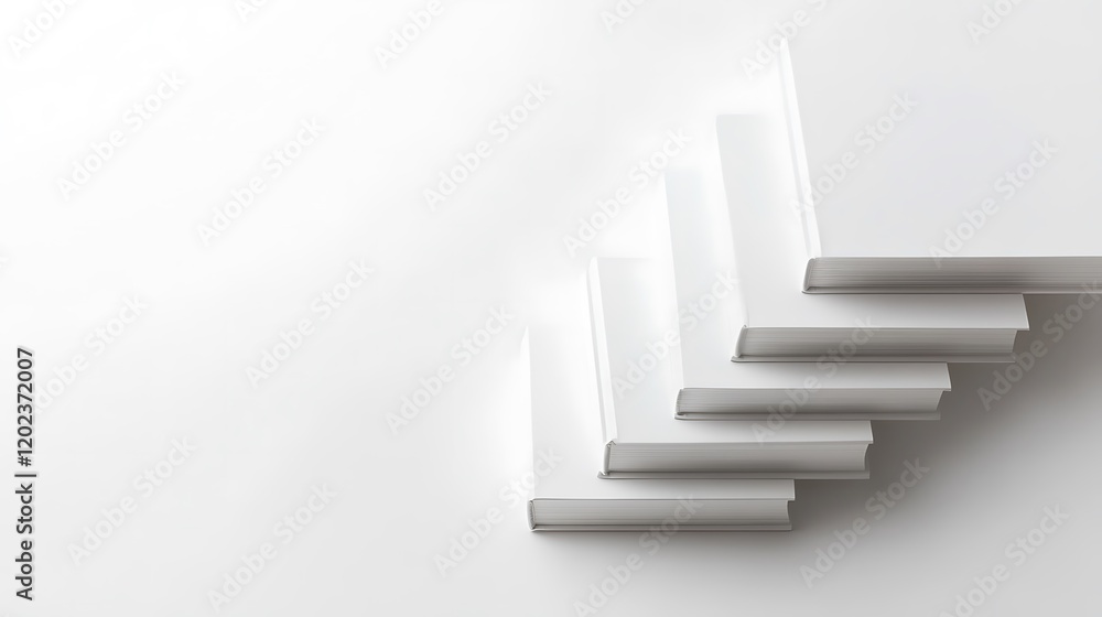 Floating white book stairs forming geometric lines on a blank white background Floating white book stairs forming geometric lines on a blank white background