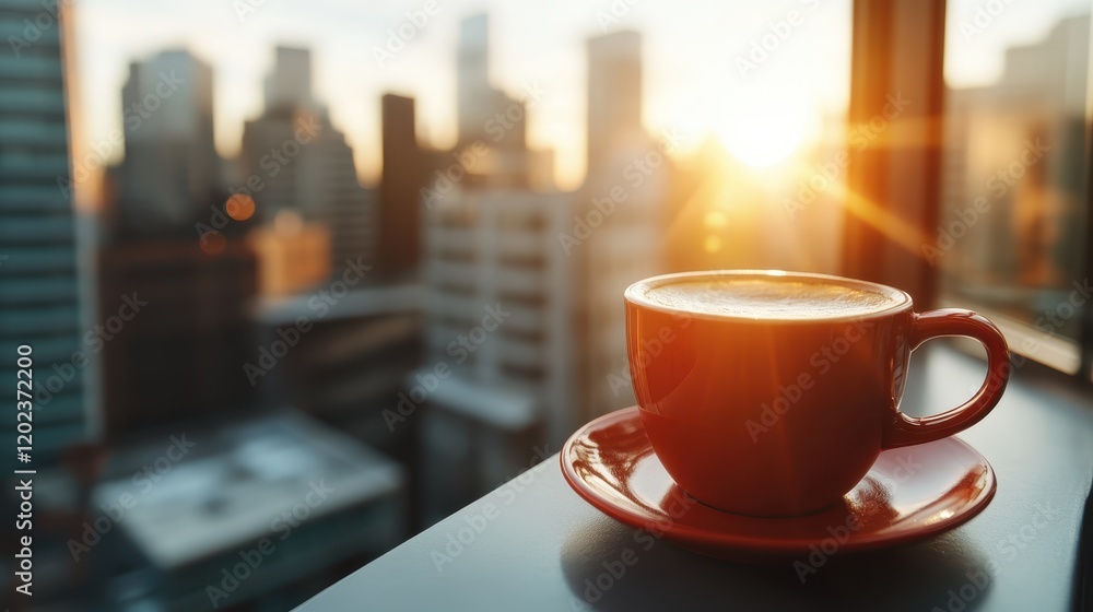 A vibrant red coffee mug rests at a window, overlooking a bustling city skyline illuminated by the warm glow of the sunrise, inviting feelings of early morning calm.
