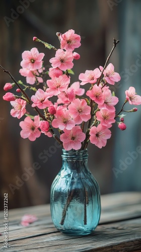 Cherry blossoms in a glass vase placed on a wooden table near a window with s...