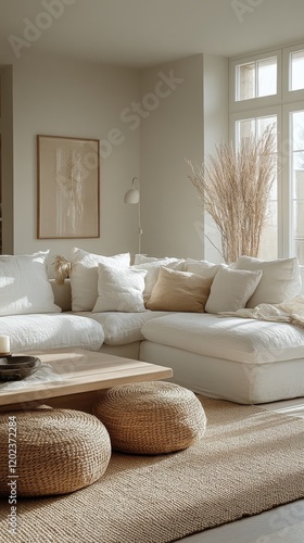 Cozy and modern living room with white sofa and natural decor in a bright space