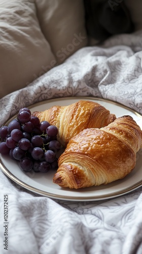 Croissants and grapes arranged on a plate with a soft, cozy background during...