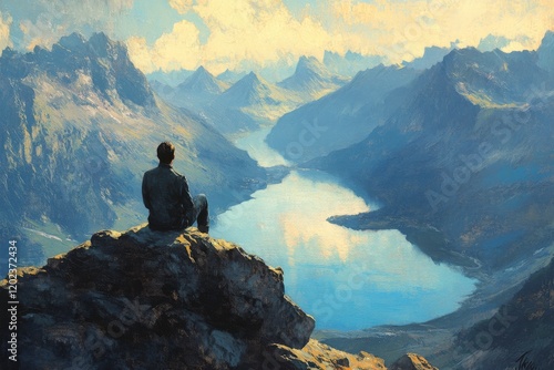 Man sitting on a rock overlooking a serene lake and majestic mountains at dusk