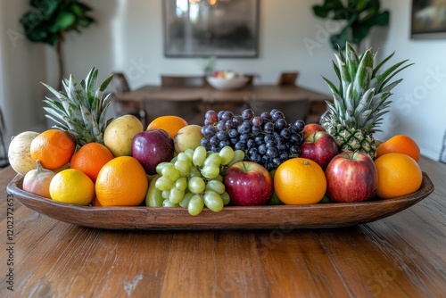 Fresh assortment of colorful fruits displayed on a wooden tray in natural light