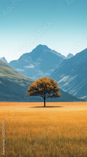 Majestic mountain backdrop with a solitary tree in a golden field during clea...