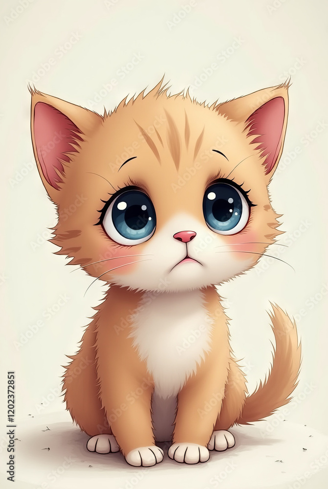 Fototapeta premium Adorable ginger kitten with big sad blue eyes on pastel background, illustration, vertical