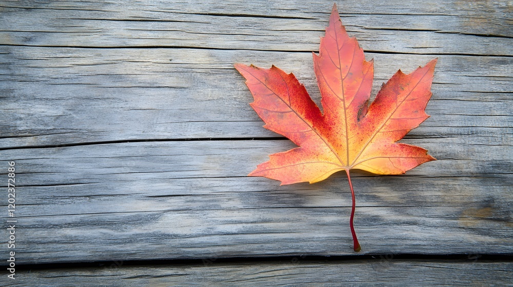A single autumn maple leaf rests on weathered wood A single autumn maple leaf rests on weathered wood