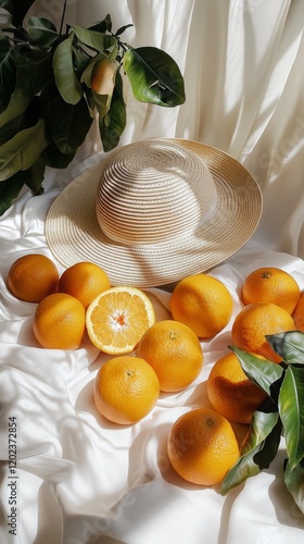 Fresh oranges and a straw hat on a light fabric background showcasing a vibra...