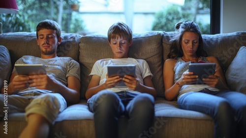 A family relaxing on a couch, each person using a different device