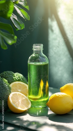 Refreshing green juice made with broccoli and lemon in a bright outdoor setting