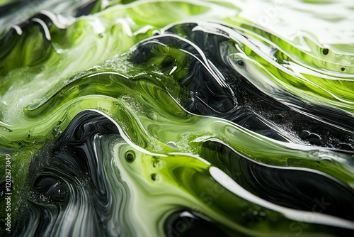 Vibrant green abstract design resembling swirling waves in a dark background
