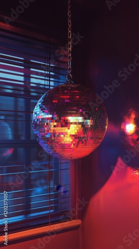 Colorful disco ball hanging with reflections and a vibrant backdrop at a fest...