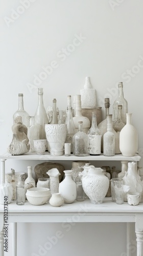 Vintage glass bottles arranged on a shelf showcasing unique shapes and textur...