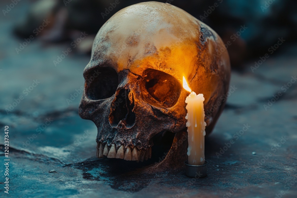 Candlelit skull creates a haunting atmosphere in dimly lit space for Halloween decor Candlelit skull creates a haunting atmosphere in dimly lit space for Halloween decor