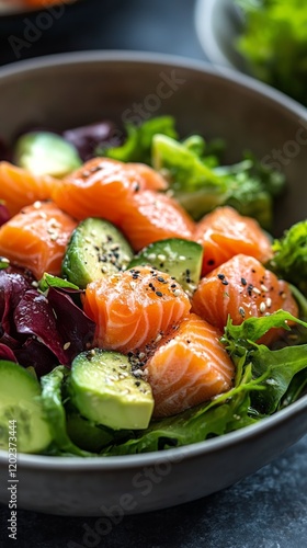 Fresh salad with salmon, avocado, and cherry tomatoes in a decorative bowl