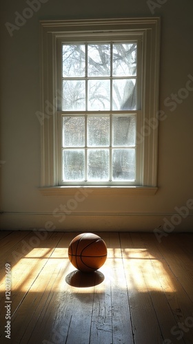 Basketball on wooden floor illuminated by sunlight through window in quiet room