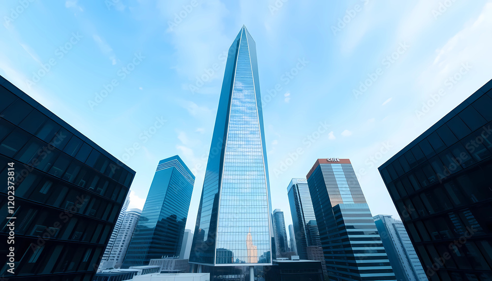 Fototapeta premium Imposing skyscraper towering above urban cityscape under a blue sky