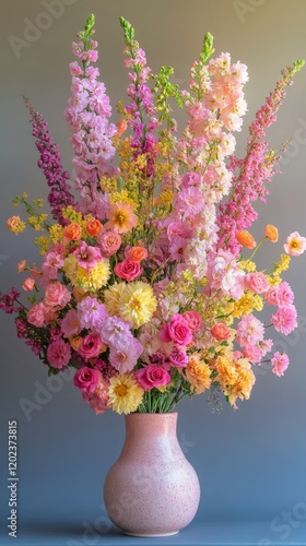 Vibrant flower arrangement in a glass vase brightens indoor space in springtime