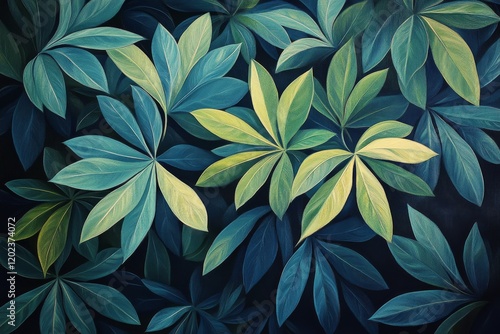 Lush green leaves arranged in a vibrant pattern evoke a sense of tranquility ...