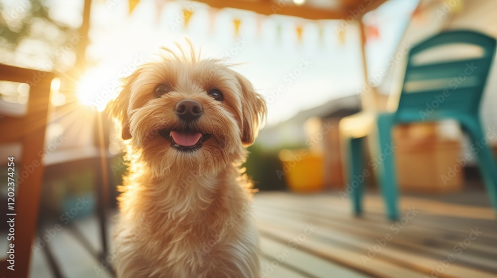 An energetic dog with fluffy fur smiles widely as it poses on a deck illuminated by the golden hour, radiating happiness and positive energy in a lovely outdoor setting. An energetic dog with fluffy fur smiles widely as it poses on a deck illuminated by the golden hour, radiating happiness and positive energy in a lovely outdoor setting.