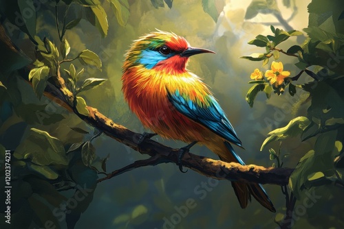 Colorful bird perched on a branch with vibrant foliage in a serene natural se...