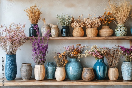 Vibrant display of dried flowers in decorative vases on wooden shelves